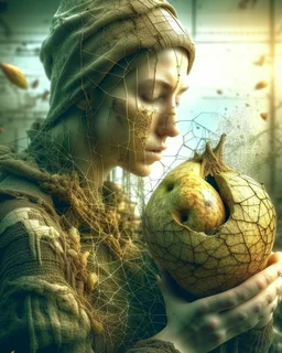 Grunge, woman as a decaying dried out Pear intricately showing its internal structure and seeds, cyberpunk, ultra unique natural textures, slight imperfections, vray. Modifiers: fantasy intricate dynamic lighting fantastic view hyperrealistic Unreal Engine matte background cinematic postprocessing VRay acrylic art pencil sketch creepy art station Gustave Klimt wet on wet watercolor Double exposure wet on wet Craig Rutkowski intricate fantasy