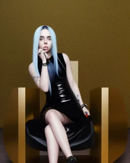 Billie Eilish, sitting on a chair, Black Short Dress, high detail, realistic