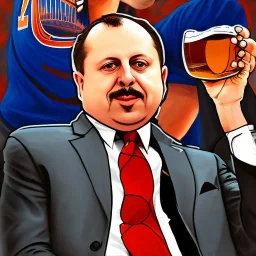 Tom Thibodeau drinking a big glass of beer in a Knicks jersey