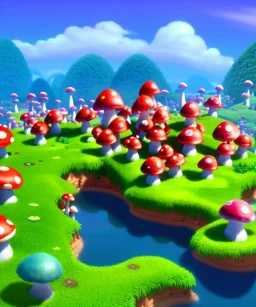 A small and colourful mushroom town in the middle of a large mushroom forest