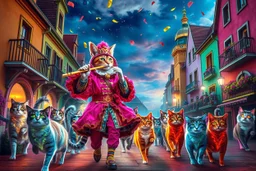 "The Feline Pied Piper of Hamelin, wearing an extravagant, flamboyant Renaissance costume in neon pinks, electric blues, gold and crimson, playing a glowing magical flute, leading a surreal parade of colorful, fantastical cats with glowing eyes and shimmering fur, dancing through vibrant Renaissance streets exploding with color, surreal skies, candy-colored buildings, confetti in the air, astonished townsfolk watching from wildly decorated balconies, ultra-saturated, psychedelic baroque style, e