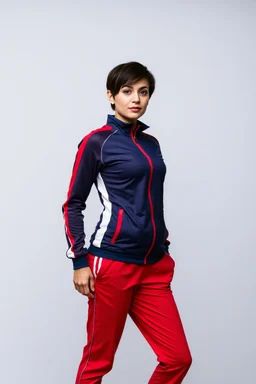 A full-body shot of a beautiful iranian lady wearing sports suit red bluose ,red pants ,short hair