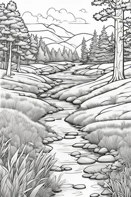 coloring page, creek through a meadow, cartoon style, thick lines, low detail, no shading