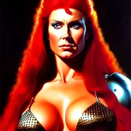 portrait of beautiful busty Red Sonja painting by Brom, oil on canvas, cinematic composition, extreme detail,fit full head inside picture