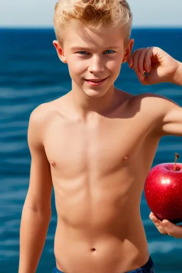 full body image of a beautiful 12 year old boy with long, shoulder long, blonde curly hair and light blue eyes, smiling, shirtless, holding a red apple in his right hand, in front of an distant beach, photorealistic