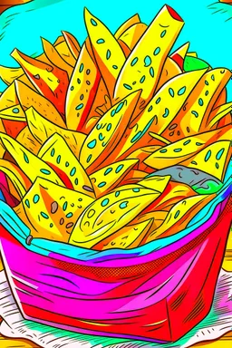 EASY DRAW TO COLORING OF FOOD A BAG OF CHIPS, CARTOON STYLE, LOW DETAILS, THICK LINES, NO SHADING