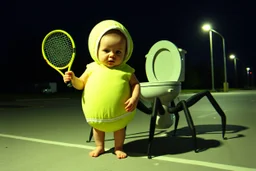 unsettling eerie and sinister, pouting caucasian baby in a tennis ball costume waving a tennis racquet, giant anthropomorphic spider-legged toilet creature in a parking lot at night, cctv, found footage, glitchy vcr textures, horizontal static corruption