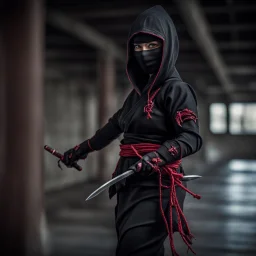 Behold the powerful alluring and pretty ninja woman, her body adorned with the traditional ninja costume and a dart, HDR, beautifully shot, hyperrealistic, sharp focus, 64 megapixels, perfect composition, high contrast, cinematic, atmospheric, moody