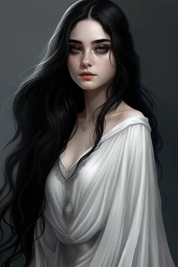 a 16 year old woman, white skin, long wawy black hair, beautiful face, black eyes, in a white dress, realistic epic fantasy style