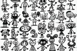 make a bunch of simple hand-drawn spooky and cute cartoon characters with bodies arms, and legs I could draw and make them all different make them looks like the 50s and 60s cartoon art