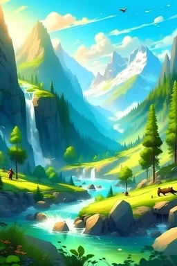 Vast forests with some rivers, waterfalls, animals and birds, bright sun, high mountains with some climbers