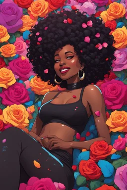 A sassy pop punk futurism art cartoon of a black female lounging lazily on her side, surrounded by colorful roses flower petals. Looking up coyly, she grins widely, showing teeth. Highly detailed black afro , regal expression.