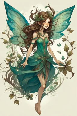 Forest fairy with iridesand teal wings and a cute short leaf dress and pointed ears and multiple vine earings and ear cuffs flying through a mythical forestand brown wavy hair trailing her