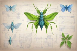 Hand drawn technical,full body illustration , with detailed blueprints and engineering schematics of a hybrid walking leaf insect woman, with highly detailed facial features, drawings, and technical notation, 8k, vibrant natural colors