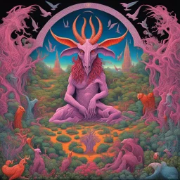 Massive Baphomet God in distant background casting light upon a surreal "Baphomet Garden of Violent Delights", mephitic Boschian birds occupy the stygian arbory; expansive insane intricately detailed landscape; asymmetrical hellish neo surrealism, vibrant colors, evil psychedelia fantasy, liquid matte oil painting, sinister mysterious, ultra complex design, hellflowers satan's power grow more beautiful by the hour, by Alex Grey, by Philippe Druillet.