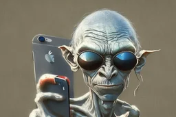 Gollum character from lords of the ring,using iphone with visible apple logo,wearing cool sunglass,realistic,highy detailed