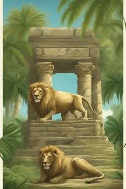 tropical jungle and animals ancient ruins, lion