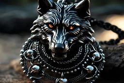 Studded Silver choke chain, around the neck of a wolf, photorealistic, 4k, dark fantasy