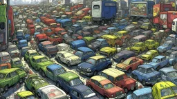 fantasy, A crowded parking lot filled with a variety of cars, trucks, and other vehicles of different makes, models, and colors. The scene depicts a busy urban environment with tall buildings visible in the background, adventure core, soft and dreamy depictions, epic eerie