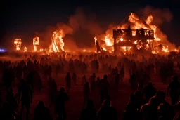 gory burning man, silhoutte at night, burning village