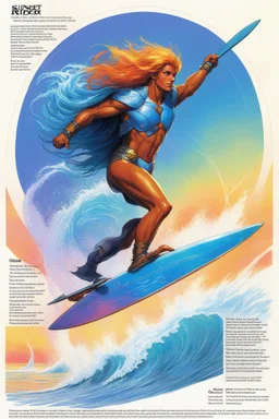 character concept sheet with AD&D statistics and characteristics, [illustration by Jeff Easley] the sunset rider character class: futuristic surfer using high-tech surfboards embedded with glowing blue and orange circuitry, have long hair flowing in a spectrum of pastel rainbow colors. powers: super glide, empathy with ocean elements, waves and swell summoning