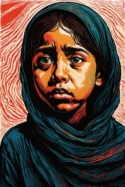 create an abstract, deeply powerful tragic, heart wrenching, and evocative, full body color woodcut of an anguished young Muslim refugee girl with highly detailed and deeply cut facial features, lost in a horrific post apocalyptic Gaza, in the style of KATHE KOLLWITZ and PAUL GAUGUIN, searing lines and forceful strokes