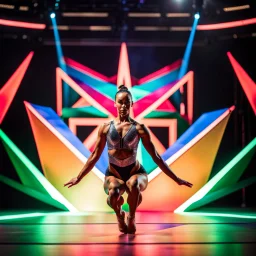 a picture of a gymnast lady show her performance on gymnast parallel in a modern stage made of 3d geometric recursive structures and dynamic color lights
