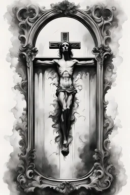 A realistic drawing in negative space black ink on white background of a crucifix in a mirror baroque with very defined and correct details and brushstrokes smoke around it