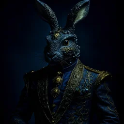 Upscale orkand almost leads to the extinction of hare musk king with chrown, in an accurate revenge scheme,Dramatic, dark and moody, inspired style, with intricate details and a sense of mystery Blue background, 16k