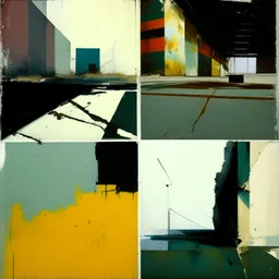 Minimal abstract oil paintings desolate 1960s carpark concrete fragments rough paint graffiti . style of Justin Mortimer and Francis Bacon. road markings.