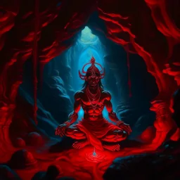 An oil painting of Hindu god YAMA in a cave, neon red colors, high detail, dark vibe