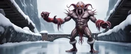 full body psionic arnold illithid santa gremlin in threatening pose in swimsuit on ice stone bridge, in front of mirror