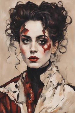 Painting of Helena Bonham Carter as a Goth vampire girl, in the Expressionist style of Egon Schiele, Oskar Kokoschka, and Franz Marc, in muted natural colors