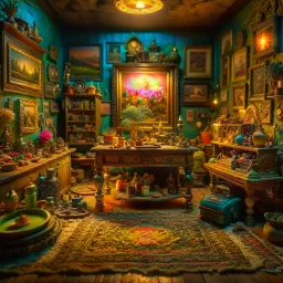 Diorama of old stuff in a room, sharp focus, 8k, 3d, very detailed, volumetric light, grim, fine art, very colorful, ornate, 35mm, F/2.8, insanely detailed and intricate, hypermaximalist, super detailed, decadent