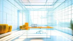 Create a futuristic office image with a digital wireframe, 3D cubes, and a sleek photography style. Use light blue and orange tones for a harmonious atmosphere. Integrate a natural landscape outside the office to seamlessly blend modernity with the surrounding environment.