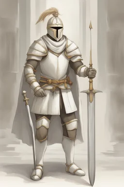 Picture of a knight wearing white armor and white cape with white helmet, holding a spear