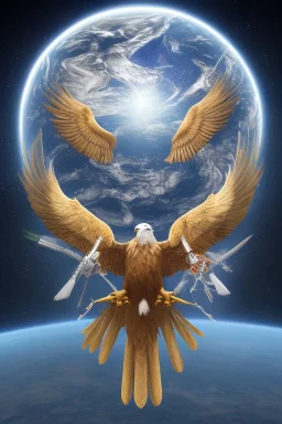 Eagle is flying in the space and is holding the earth in his claws. Surrealism.