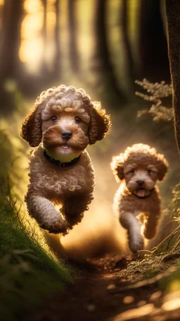 extreme close up photography of two cute puppy lagotto romagnolo happy dogs in a wood , running looking for truffles , in Tuscany Italy , photorealistic, backlight, 35mm lens