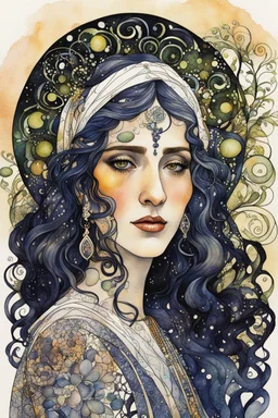 random watercolor Zentangle patterns in the styles of Gustav Klimt ,Wassily Kandinsky, Alphonse Mucha, and Kay Nielsen that depicts an aged and haggard female Spanish bruja, with highly refined facial features, in a moonlit Andalusian olive grove , with fine ink outlining