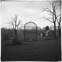 A landscape with odd cage, black and white old photo, dystopic atmosphere, trees, some odd houses, George Grosz