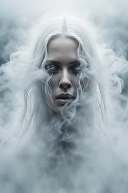 female face barely visible from very dense white smoke and fog, translucent form, ghost-like face, lots of white hair, lots of fog in the background, surreal style, cinematic, mystic