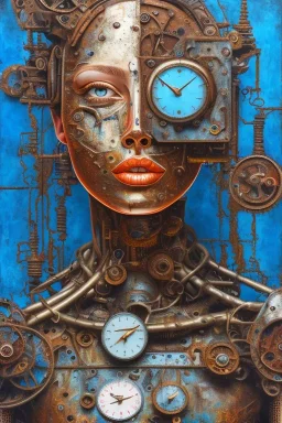 an abstract painting of rusted clocks, by lucian freud, rust, scaffolding, iron cladding, decay, mixed media, textured, anatomically correct, beautiful woman perfect face, blue eyes, sharp focus, highly detailed