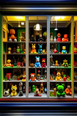 toy store window, with children's toys in the window