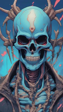 a close up of a person with a skull on their head, blue and black colors, anime skull portrait man, scary detailed art in color, hiroyuki-mitsume takahashi, nychos art aesthetic, half man half skeleton, anime cyberpunk art, colored manga art, rossdraws pastel vibrant, cold colors. insanely detailed, beautiful anime portrait, stunning anime face portrait, scary art in color