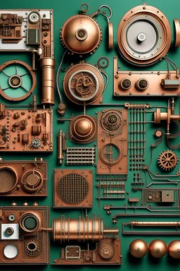 Please produce an innovative photo of telecommunications equipment and its components inspired by the copper industry for a magazine cover. This image should be with real parts and without text