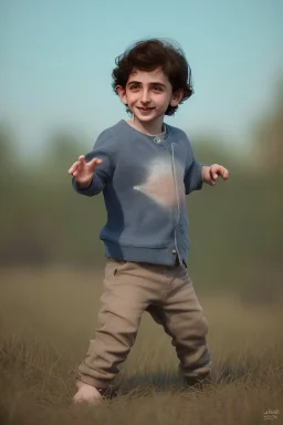 Timothee chalamet toddler, full body, jump, bokeh, hyper realistic