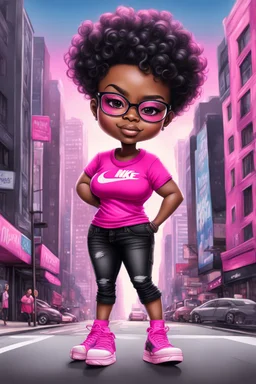 create an airbrush illustration of a chibi cartoon voluptuous black female. Wearing a hot pink t-shirt and tight black jeans with hot pink Nike sneakers. Prominent make up with hazel eyes and she is wearing pink glasses. Extremely Highly detail of a very low platinum shiny black pixie haircut. Background of a busy city street.