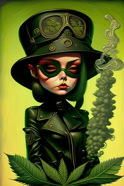 A girl in leather with weed is better; lowbrow art; pop surrealism