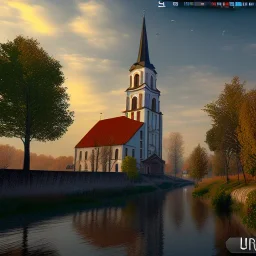 a small town in Serbia, river, church, scenery, unreal engine