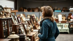 woman at a garage sale, admiring antiques